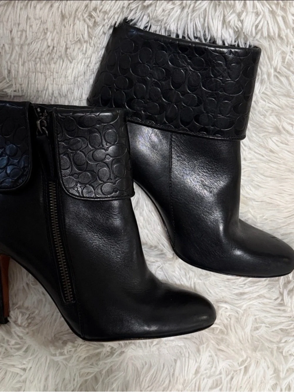 COACH Mackenna Black Leather Ankle Booties with Signature Cuff